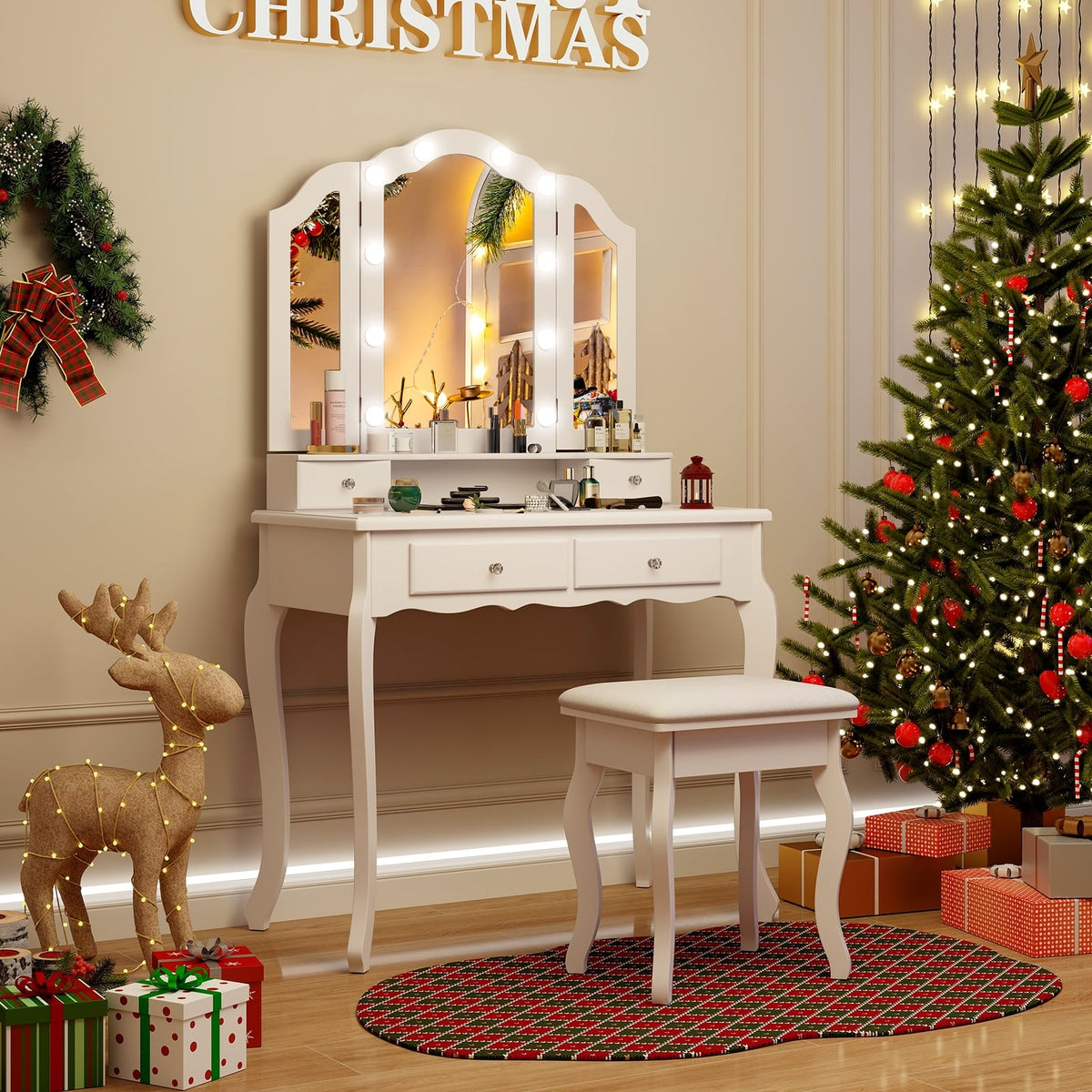 Makeup Vanity Table Set with Lighted Mirror and Drawers-White-Makeup Vanities-DECOROLALA