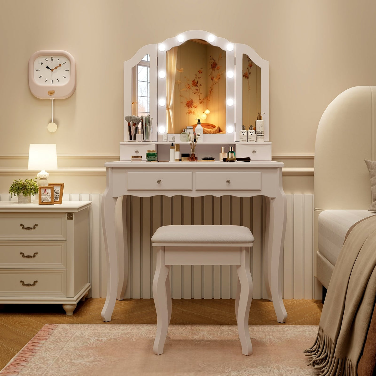 Makeup Vanity Table Set with Lighted Mirror and Drawers-White-Makeup Vanities-DECOROLALA