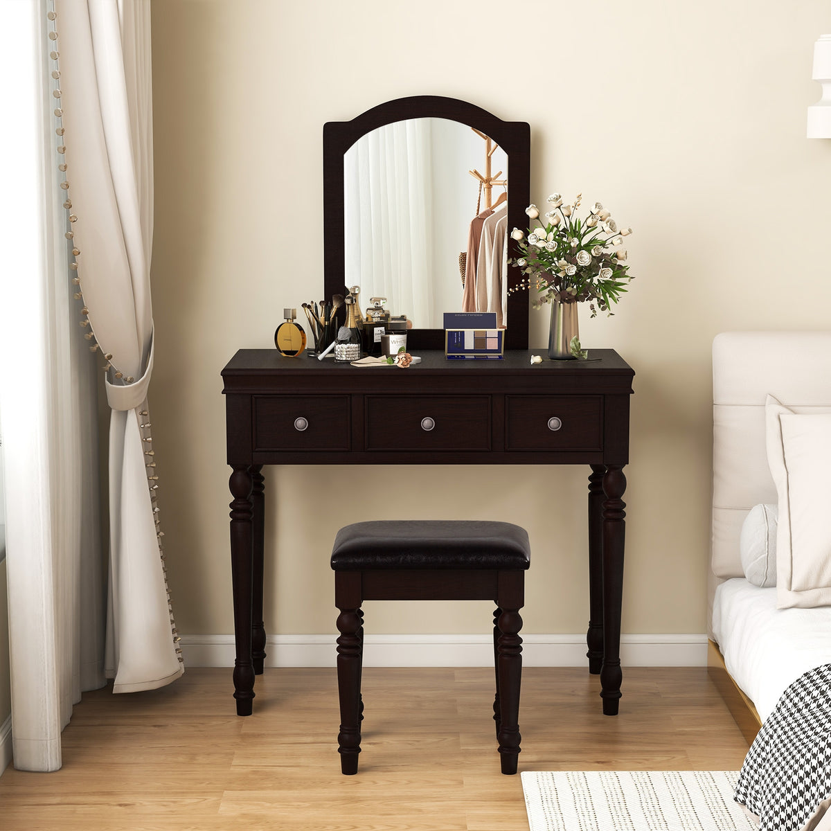 Makeup Vanity Table and Stool Set with Detachable Mirror and 3 Drawers Storage-Walnut-Makeup Vanities-DECOROLALA