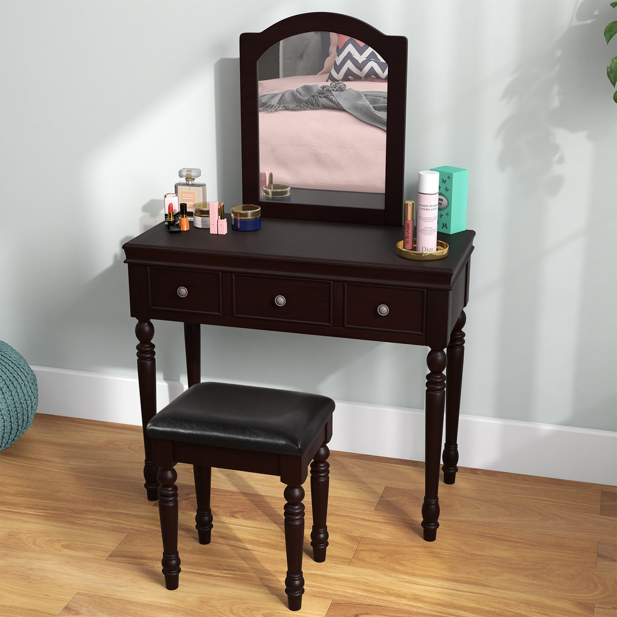 Makeup Vanity Table and Stool Set with Detachable Mirror and 3 Drawers Storage-Walnut-Makeup Vanities-DECOROLALA
