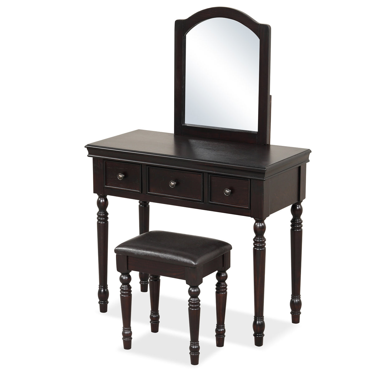 Makeup Vanity Table and Stool Set with Detachable Mirror and 3 Drawers Storage-Walnut-Makeup Vanities-DECOROLALA