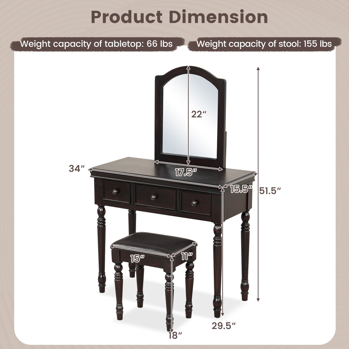 Makeup Vanity Table and Stool Set with Detachable Mirror and 3 Drawers Storage-Walnut-Makeup Vanities-DECOROLALA