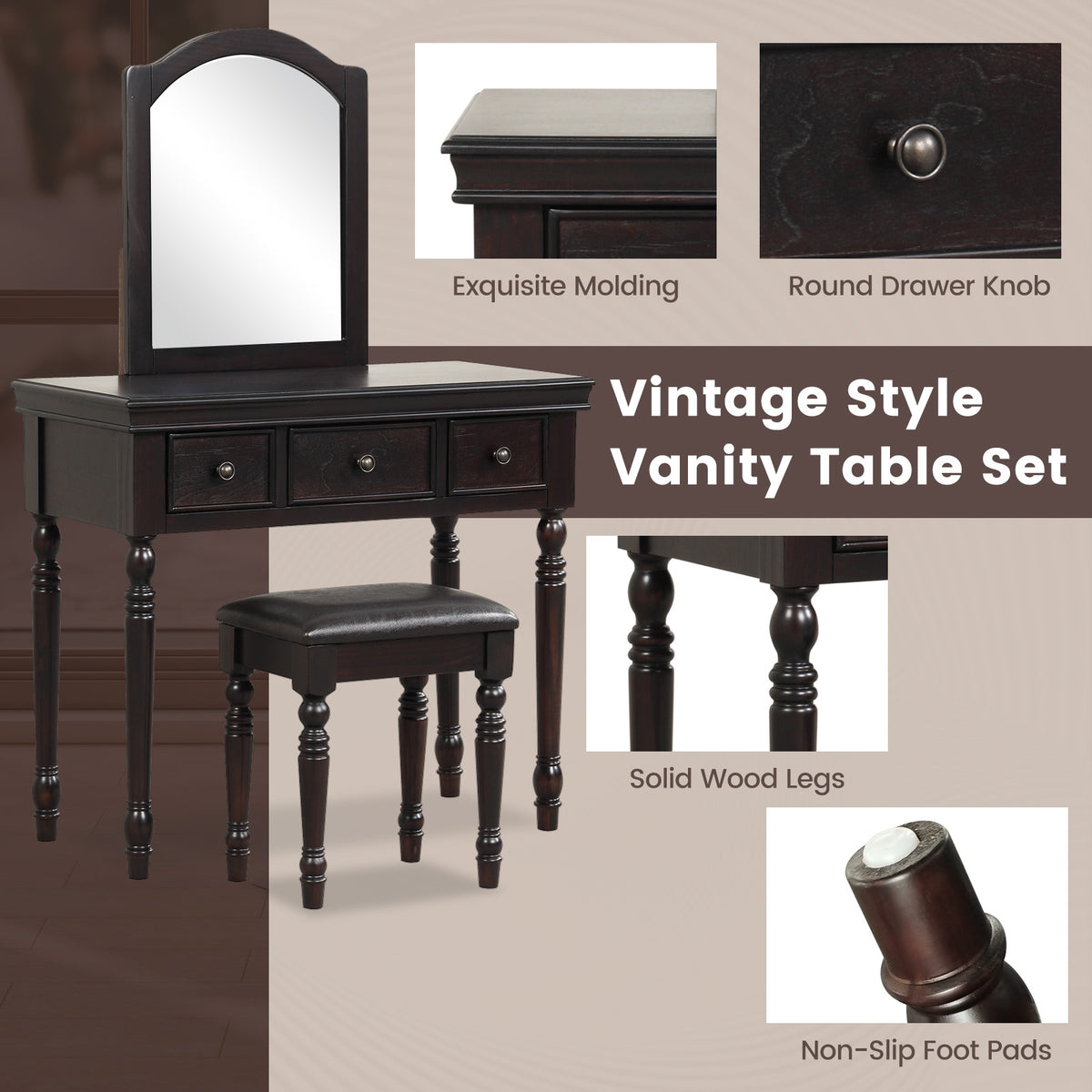 Makeup Vanity Table and Stool Set with Detachable Mirror and 3 Drawers Storage-Walnut-Makeup Vanities-DECOROLALA