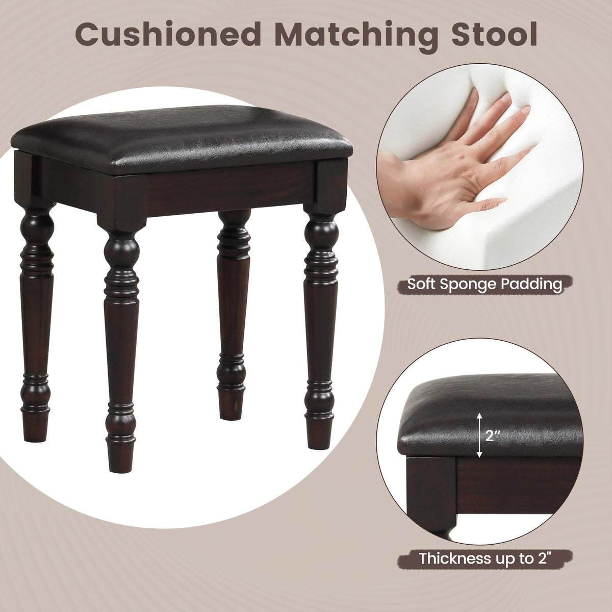 Makeup Vanity Table and Stool Set with Detachable Mirror and 3 Drawers Storage-Walnut-Makeup Vanities-DECOROLALA