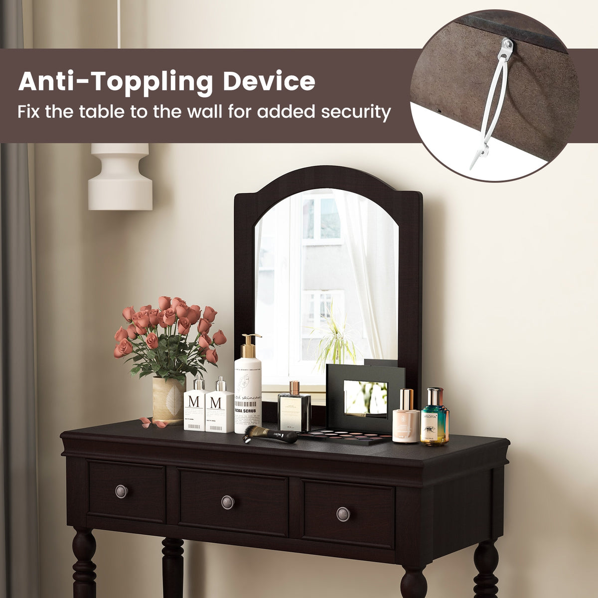 Makeup Vanity Table and Stool Set with Detachable Mirror and 3 Drawers Storage-Walnut-Makeup Vanities-DECOROLALA