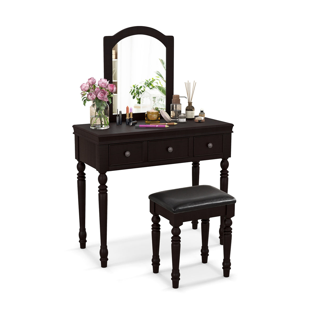 Makeup Vanity Table and Stool Set with Detachable Mirror and 3 Drawers Storage-Walnut-Makeup Vanities-DECOROLALA