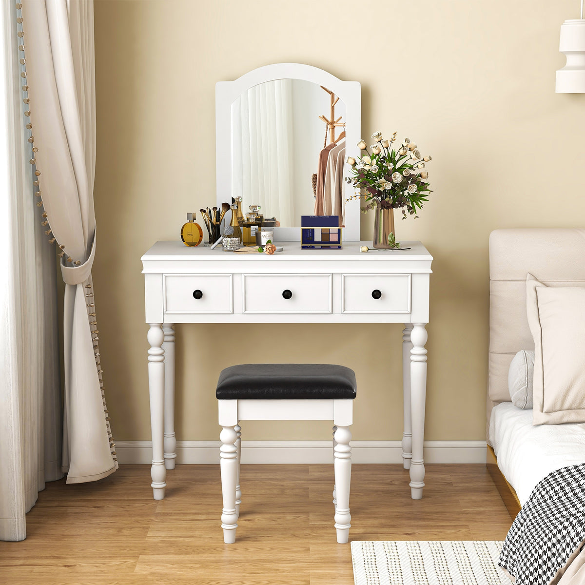 Makeup Vanity Table and Stool Set with Detachable Mirror and 3 Drawers Storage-White-Makeup Vanities-DECOROLALA