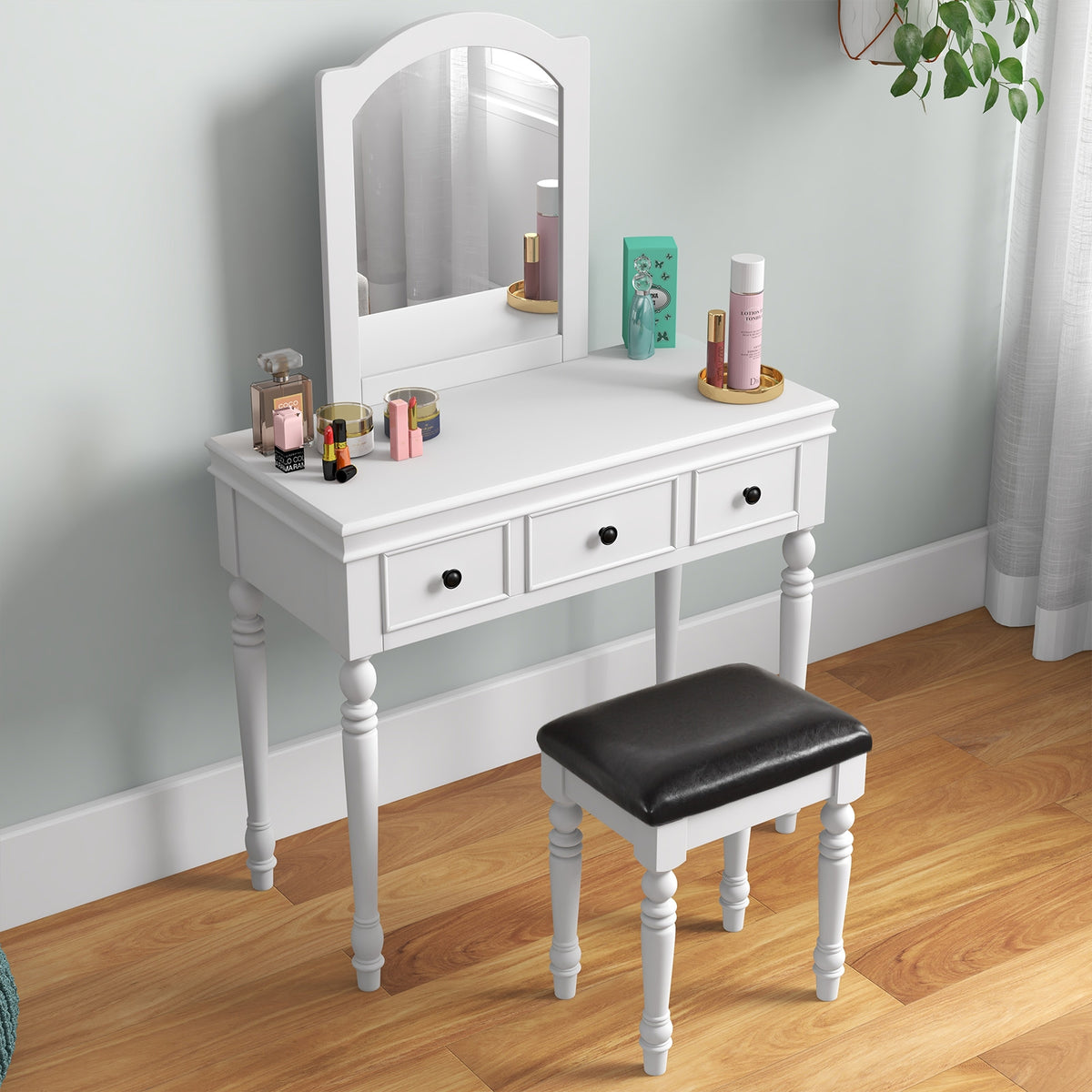 Makeup Vanity Table and Stool Set with Detachable Mirror and 3 Drawers Storage-White-Makeup Vanities-DECOROLALA
