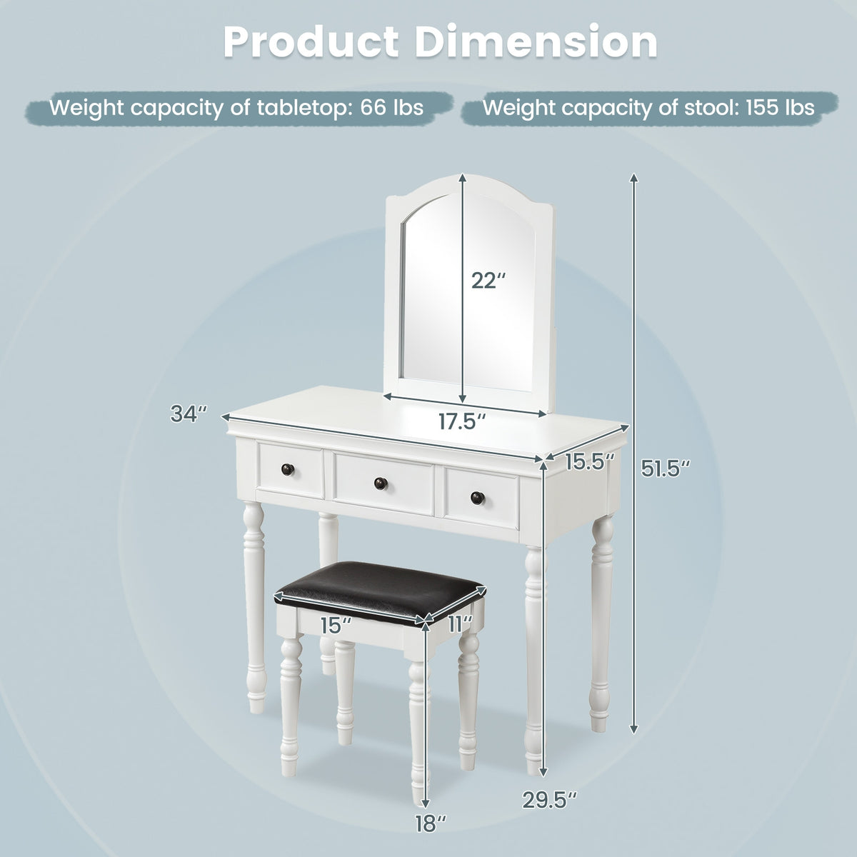 Makeup Vanity Table and Stool Set with Detachable Mirror and 3 Drawers Storage-White-Makeup Vanities-DECOROLALA