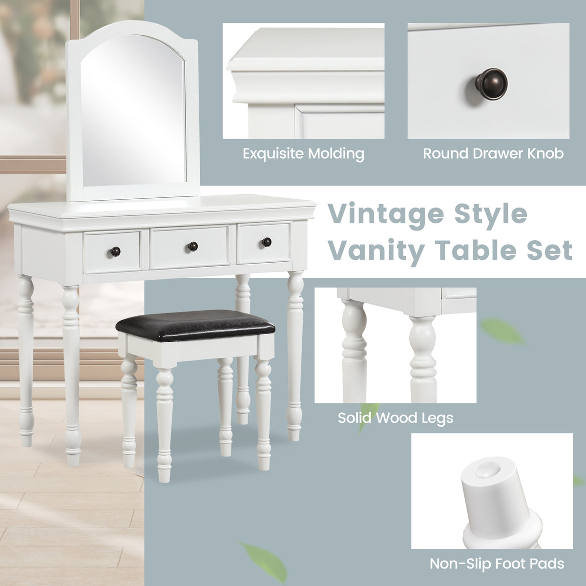 Makeup Vanity Table and Stool Set with Detachable Mirror and 3 Drawers Storage-White-Makeup Vanities-DECOROLALA