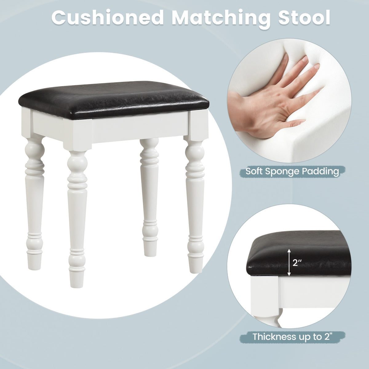 Makeup Vanity Table and Stool Set with Detachable Mirror and 3 Drawers Storage-White-Makeup Vanities-DECOROLALA