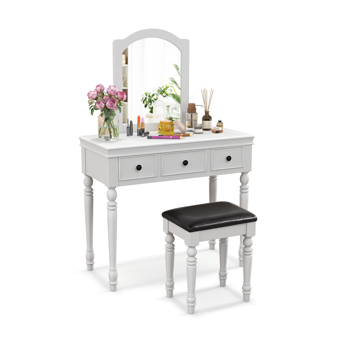 Makeup Vanity Table and Stool Set with Detachable Mirror and 3 Drawers Storage-White-Makeup Vanities-DECOROLALA