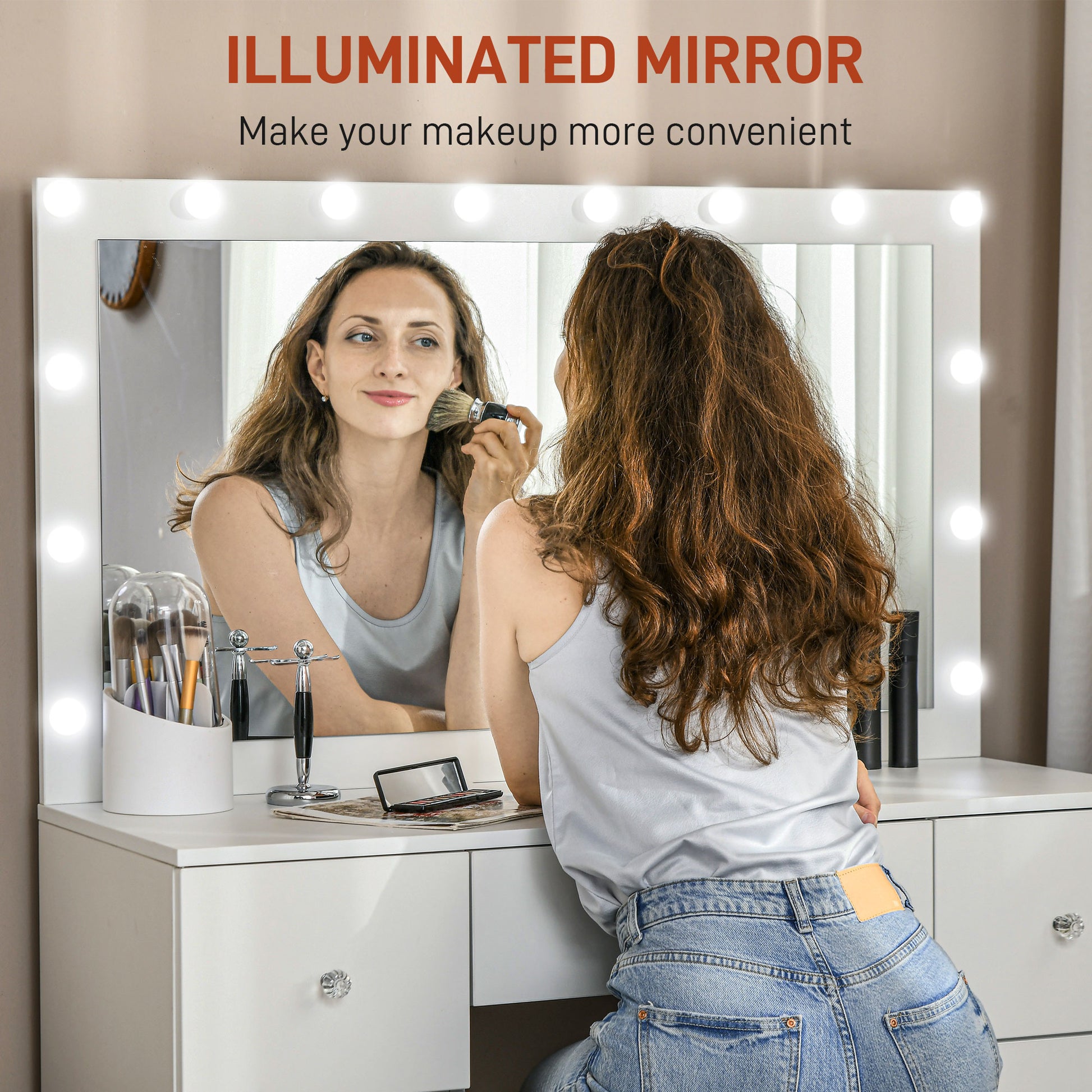 Makeup Vanity Table with Mirror and 14 LED Lights - White-DECOROLALA