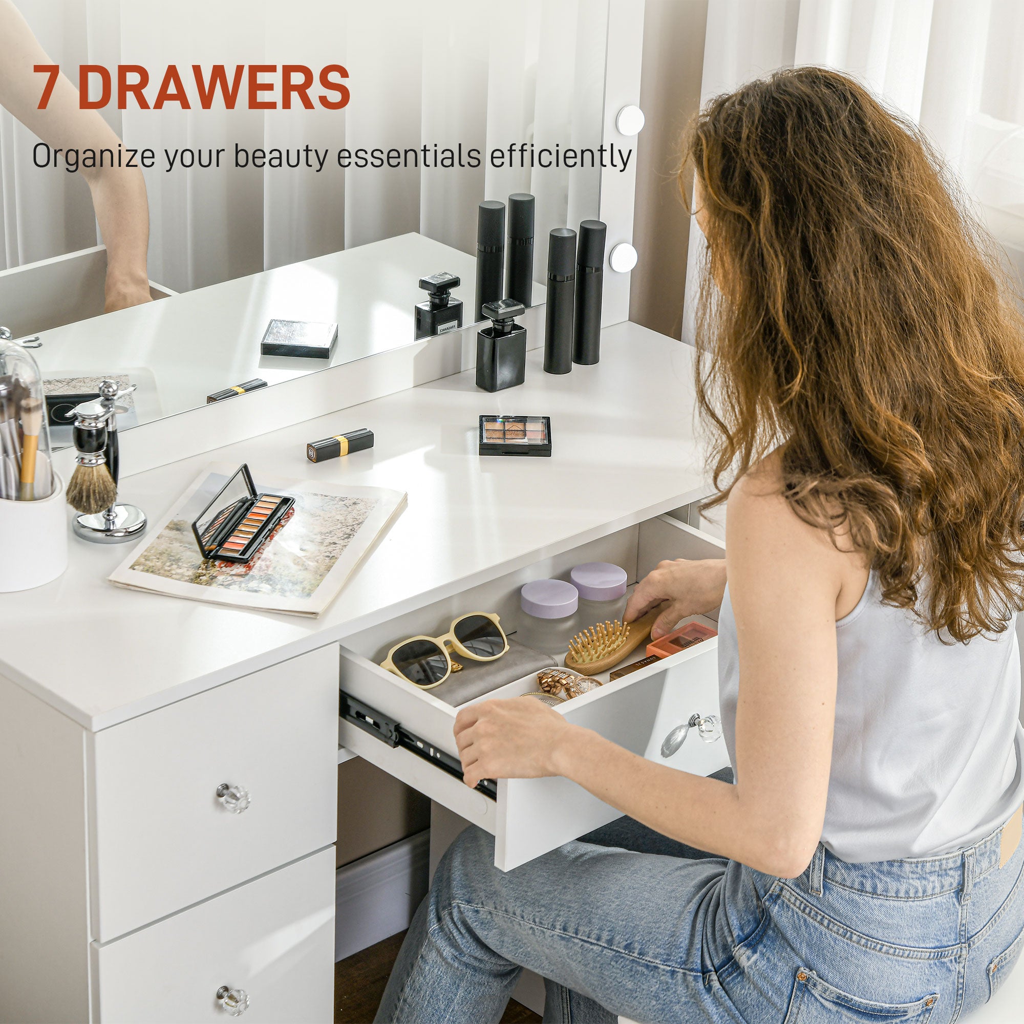 Makeup Vanity Table with Mirror and 14 LED Lights - White-DECOROLALA