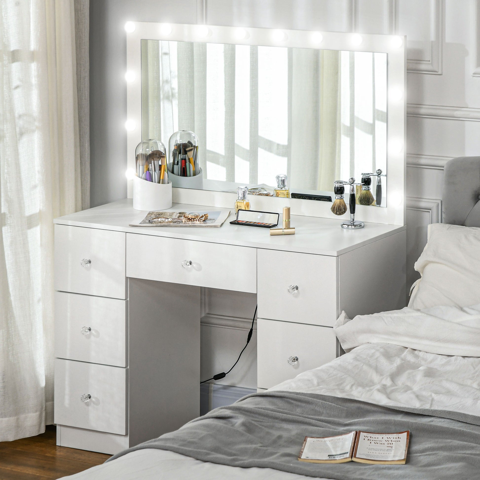 Makeup Vanity Table with Mirror and 14 LED Lights - White-DECOROLALA