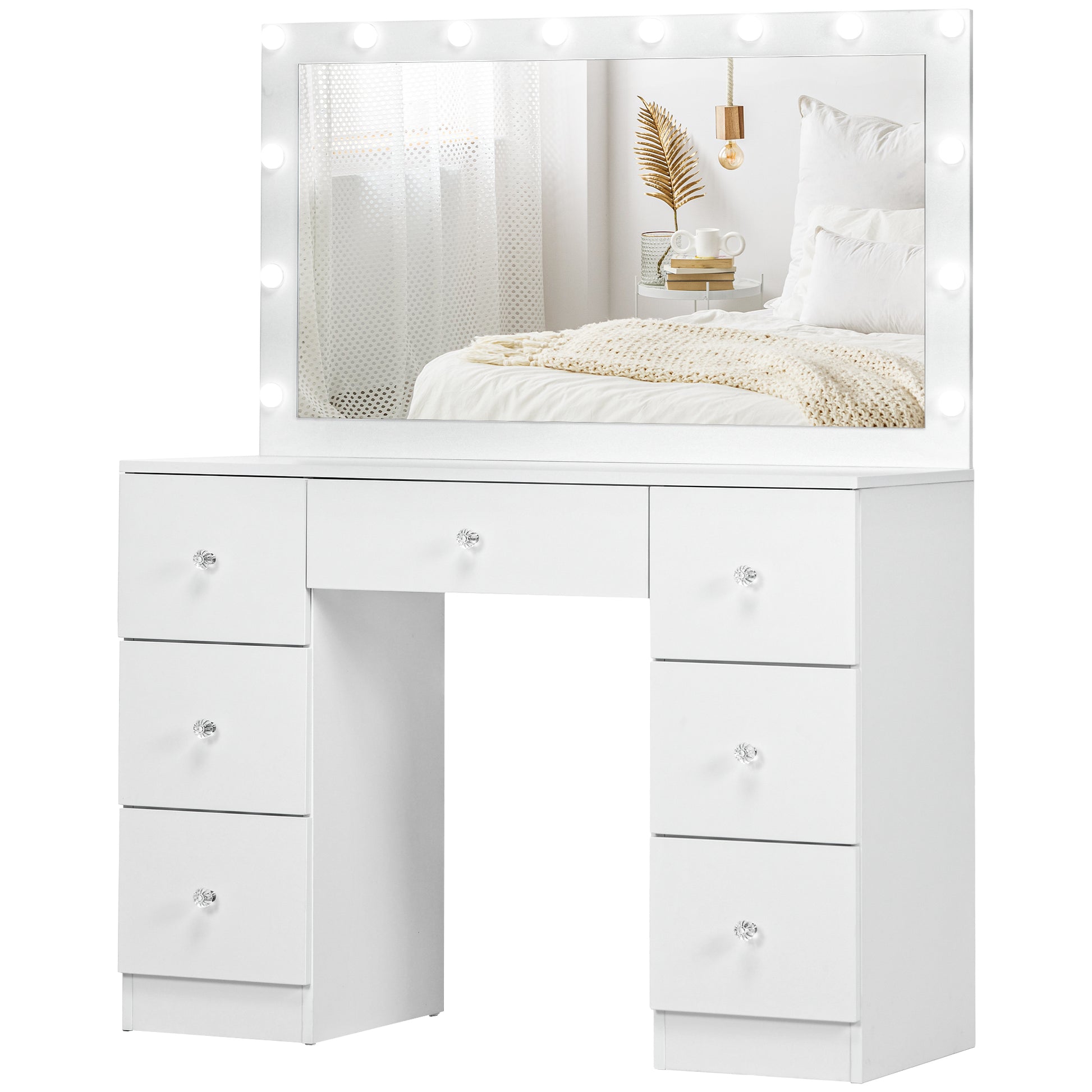 Makeup Vanity Table with Mirror and 14 LED Lights - White-DECOROLALA