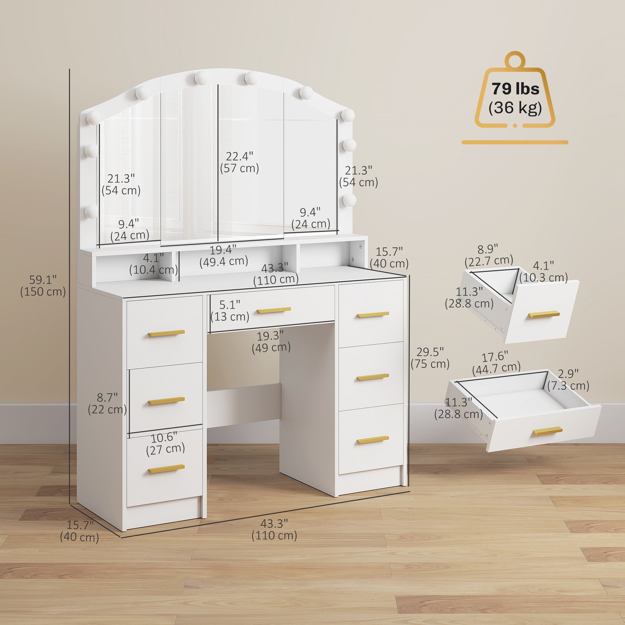 Makeup Vanity with Mirror, 10 LED Lights & 7 Drawers - White-DECOROLALA