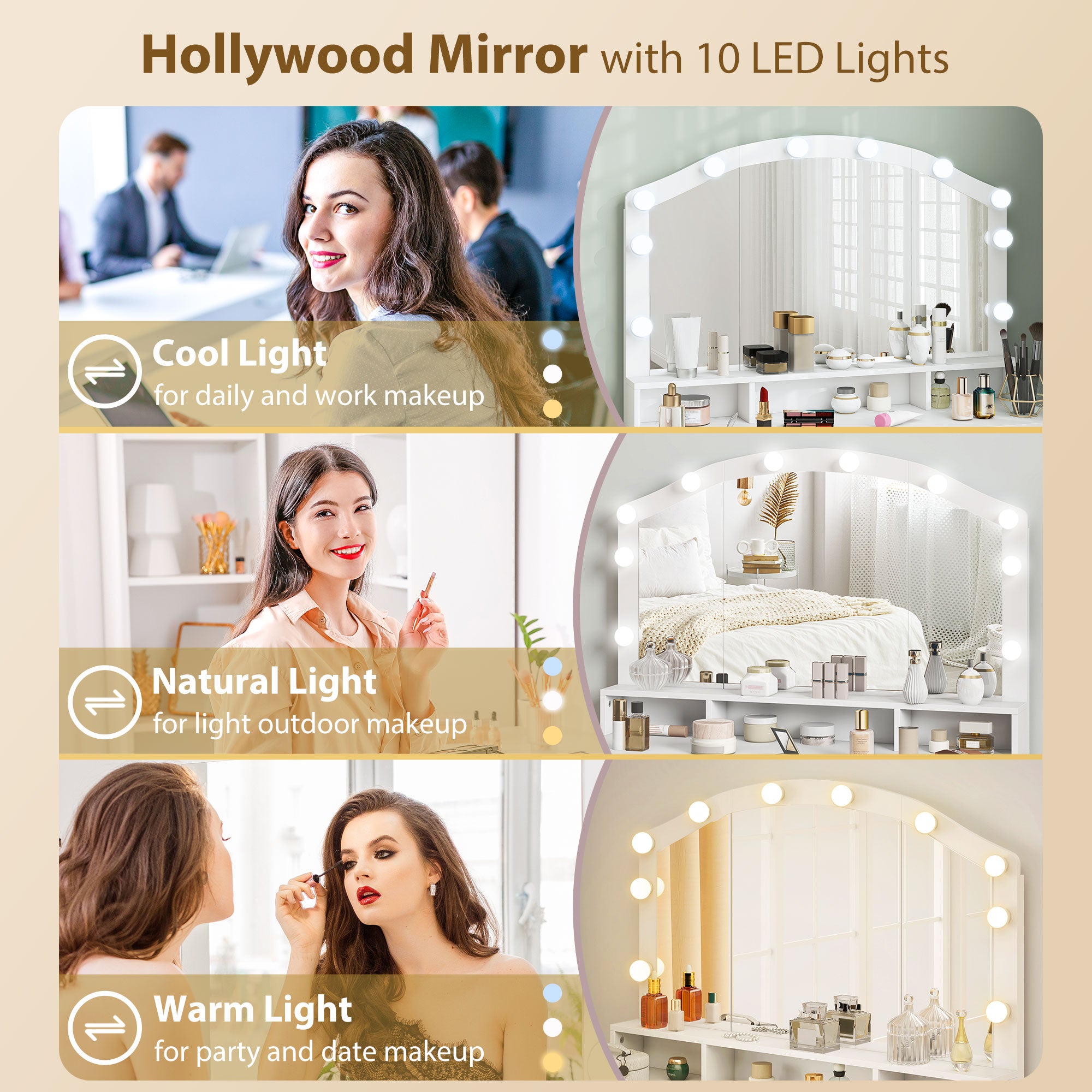 Makeup Vanity with Mirror, 10 LED Lights & 7 Drawers - White-DECOROLALA