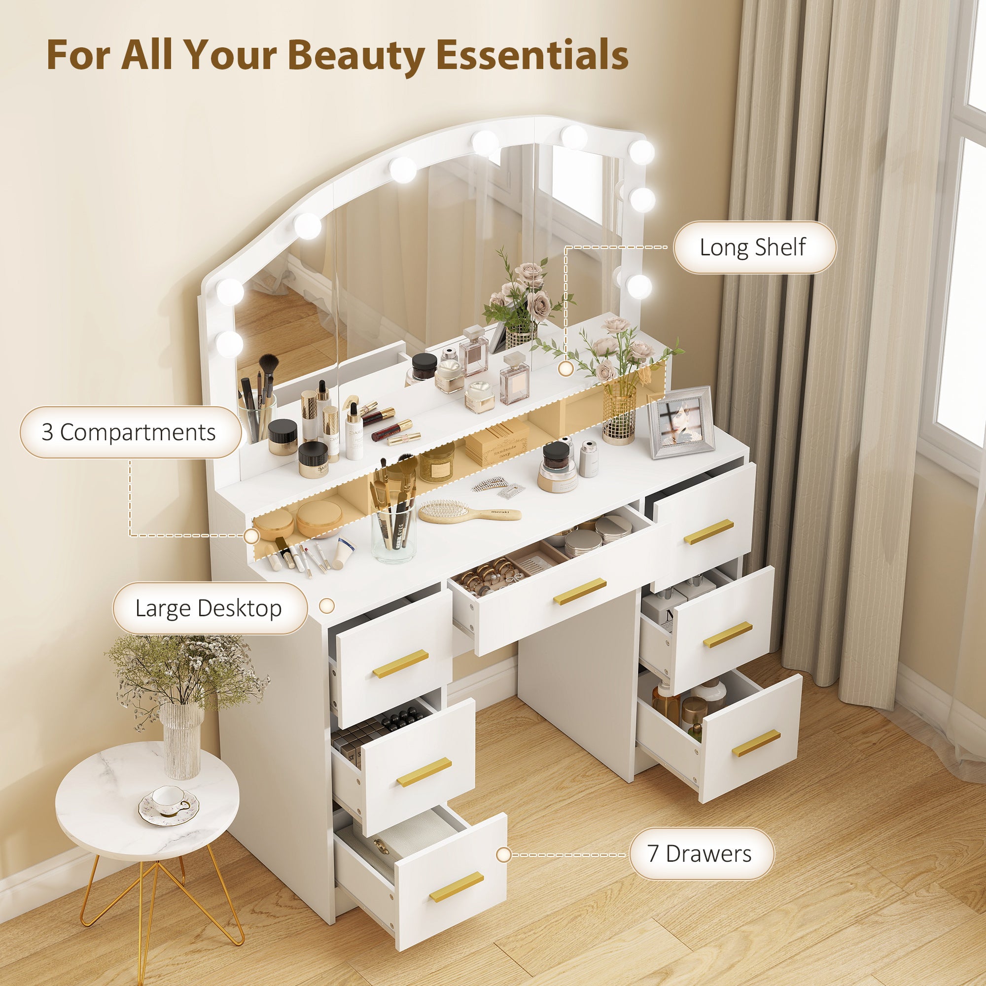 Makeup Vanity with Mirror, 10 LED Lights & 7 Drawers - White-DECOROLALA