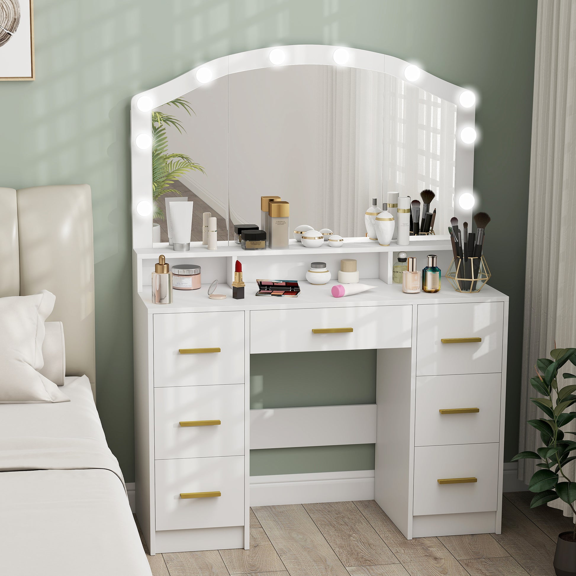 Makeup Vanity with Mirror, 10 LED Lights & 7 Drawers - White-DECOROLALA