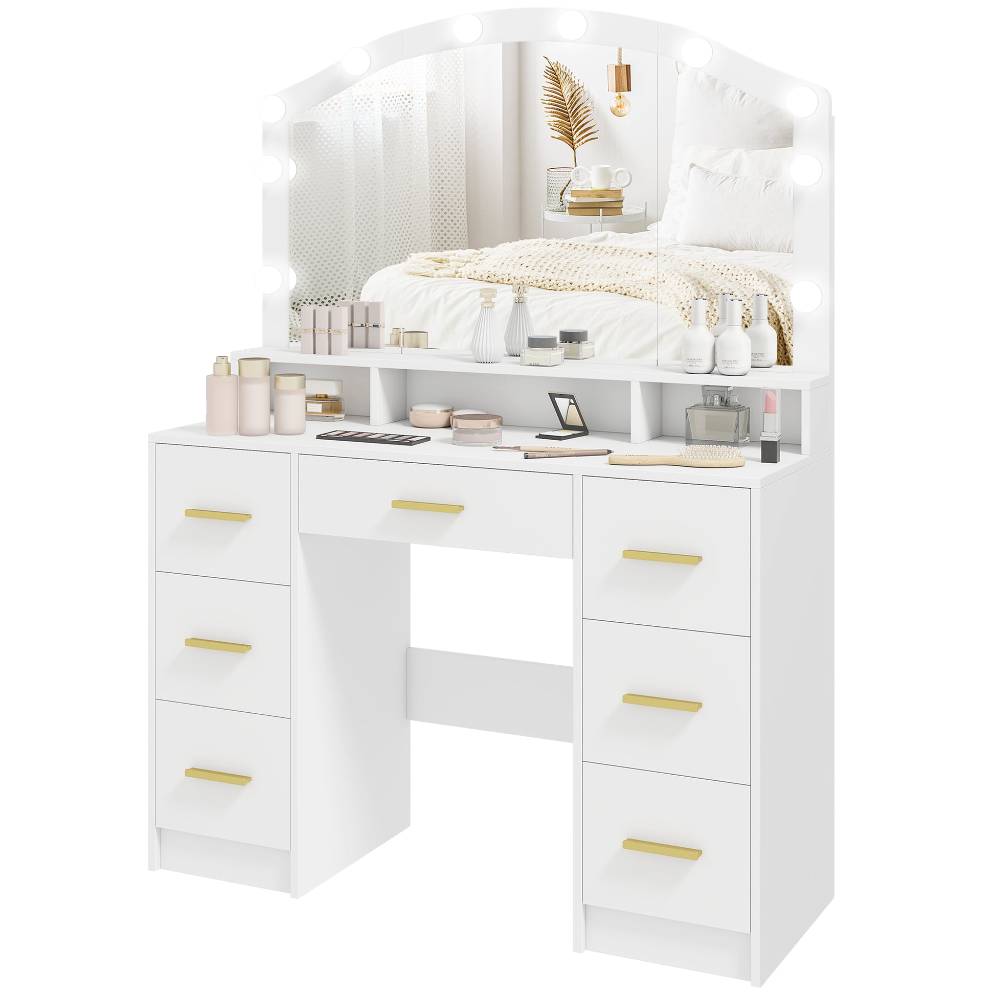 Makeup Vanity with Mirror, 10 LED Lights & 7 Drawers - White-DECOROLALA