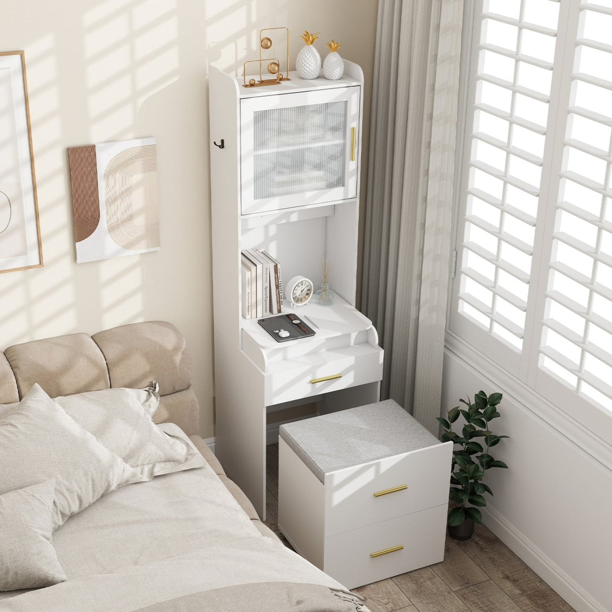 Makeup Vanity with Power Outlets and Flip-top Mirror and Storage Stool-White-Makeup Vanities-DECOROLALA