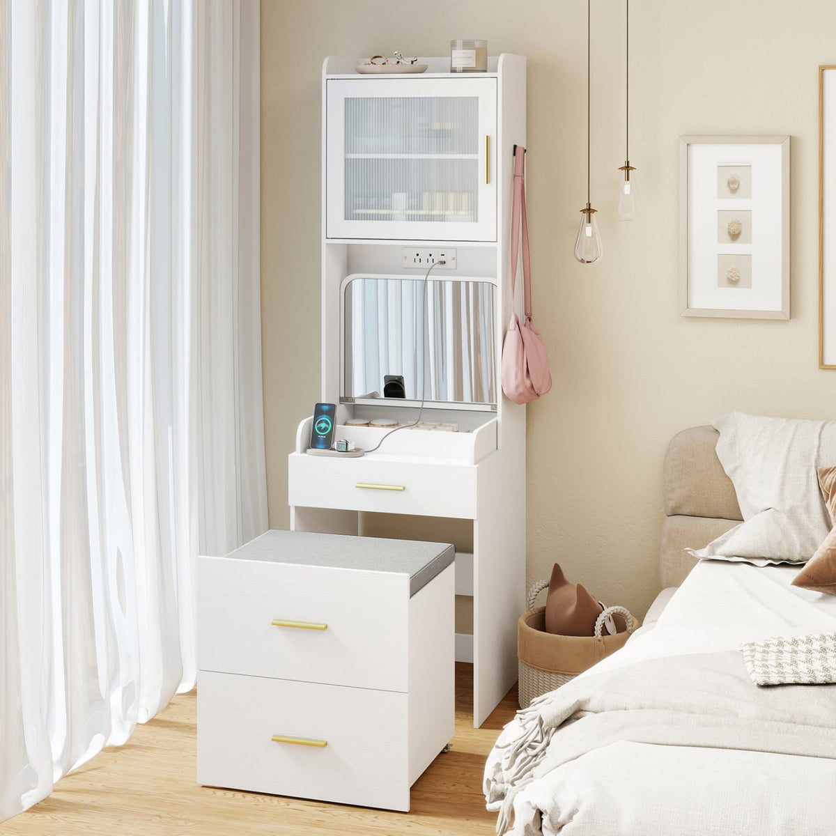 Makeup Vanity with Power Outlets and Flip-top Mirror and Storage Stool-White-Makeup Vanities-DECOROLALA