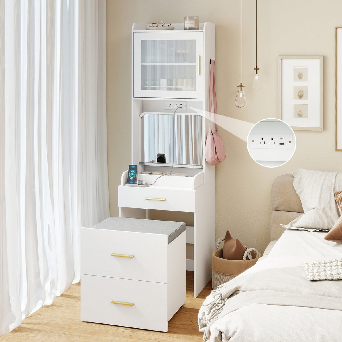 Makeup Vanity with Power Outlets and Flip-top Mirror and Storage Stool-White-Makeup Vanities-DECOROLALA