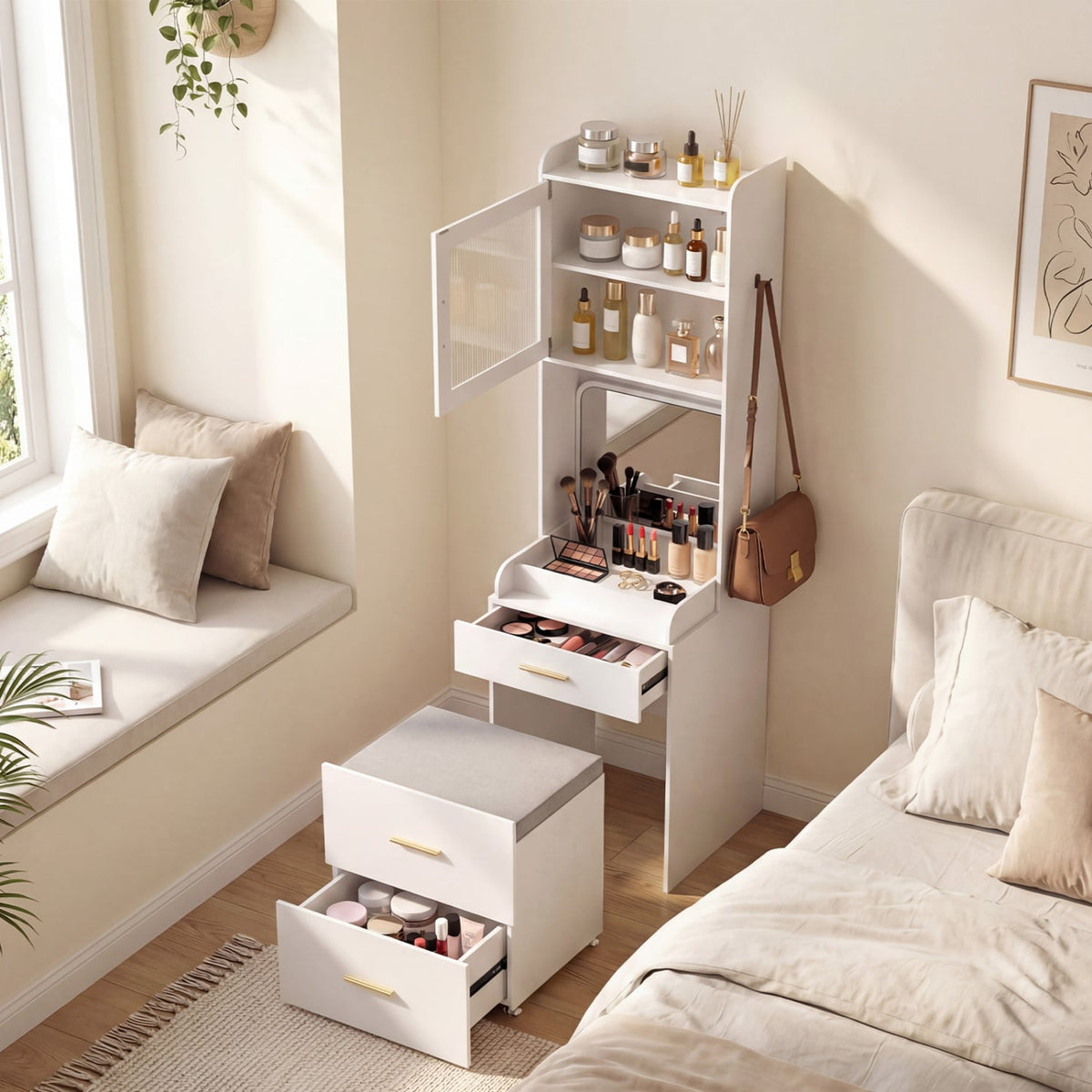 Makeup Vanity with Power Outlets and Flip-top Mirror and Storage Stool-White-Makeup Vanities-DECOROLALA