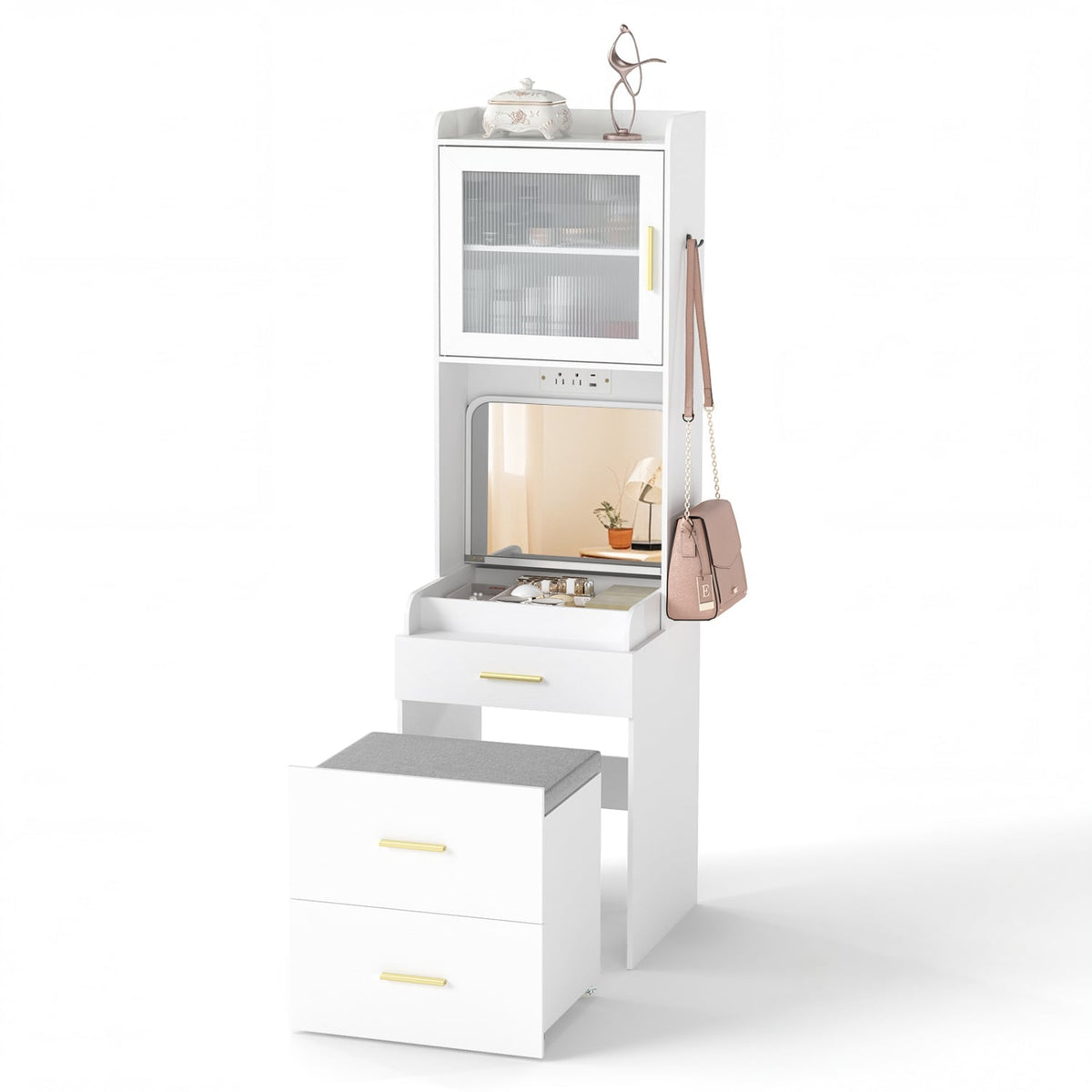 Makeup Vanity with Power Outlets and Flip-top Mirror and Storage Stool-White-Makeup Vanities-DECOROLALA