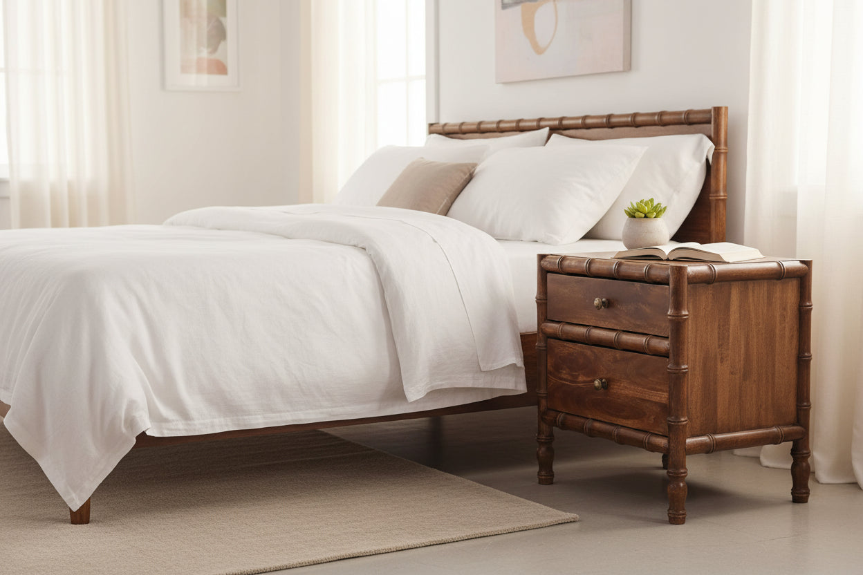 Mango Wood Nightstand - Roasted Almond Bamboo Frame 2-Drawer-Nightstand-DECOROLALA