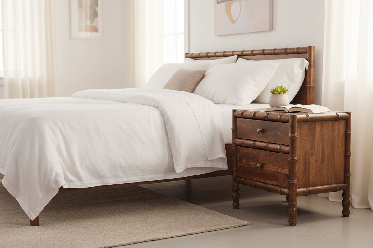 Mango Wood Nightstand - Roasted Almond Bamboo Frame 2-Drawer-Nightstands-DECOROLALA