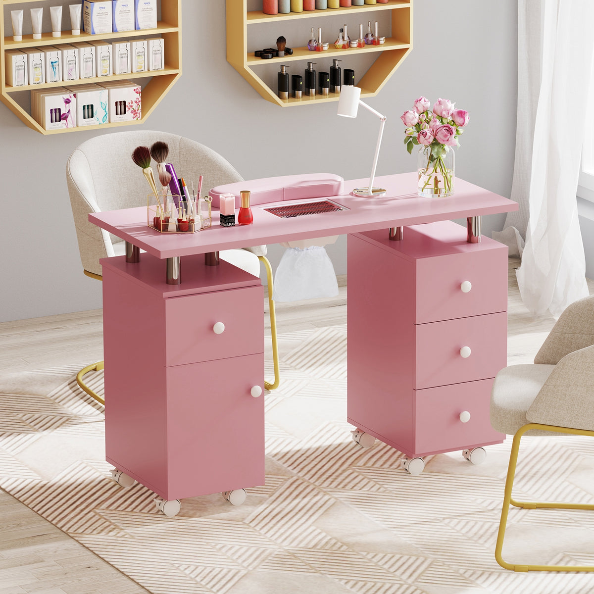 Manicure Table Nail Desk with Electric Dust Collector and 3 Dust Bags-Pink-Massage & Relaxation Products-DECOROLALA