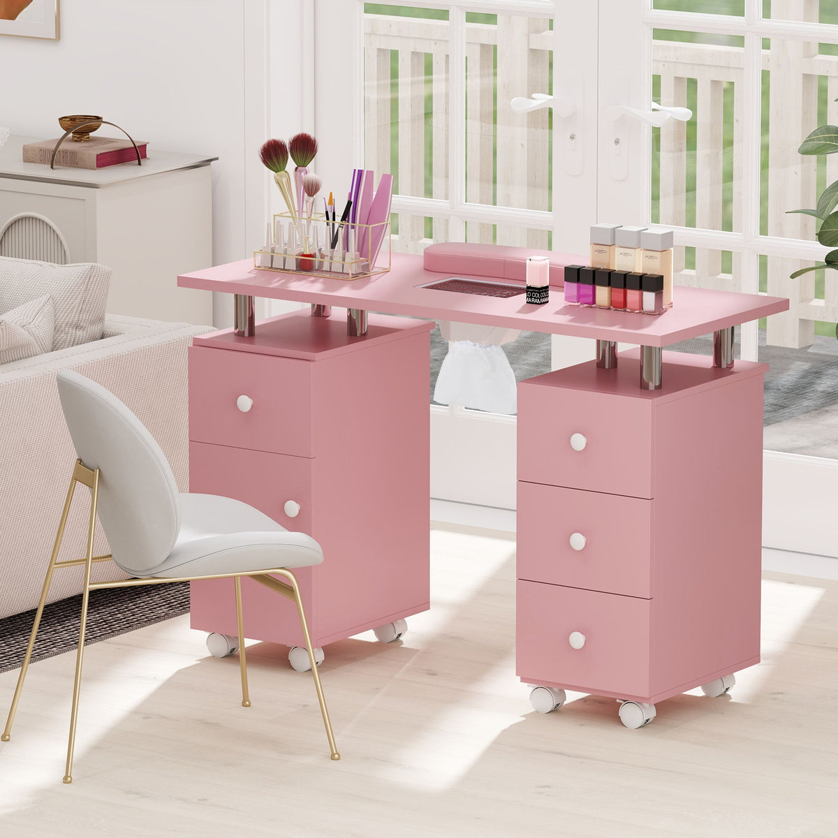 Manicure Table Nail Desk with Electric Dust Collector and 3 Dust Bags-Pink-Massage & Relaxation Products-DECOROLALA