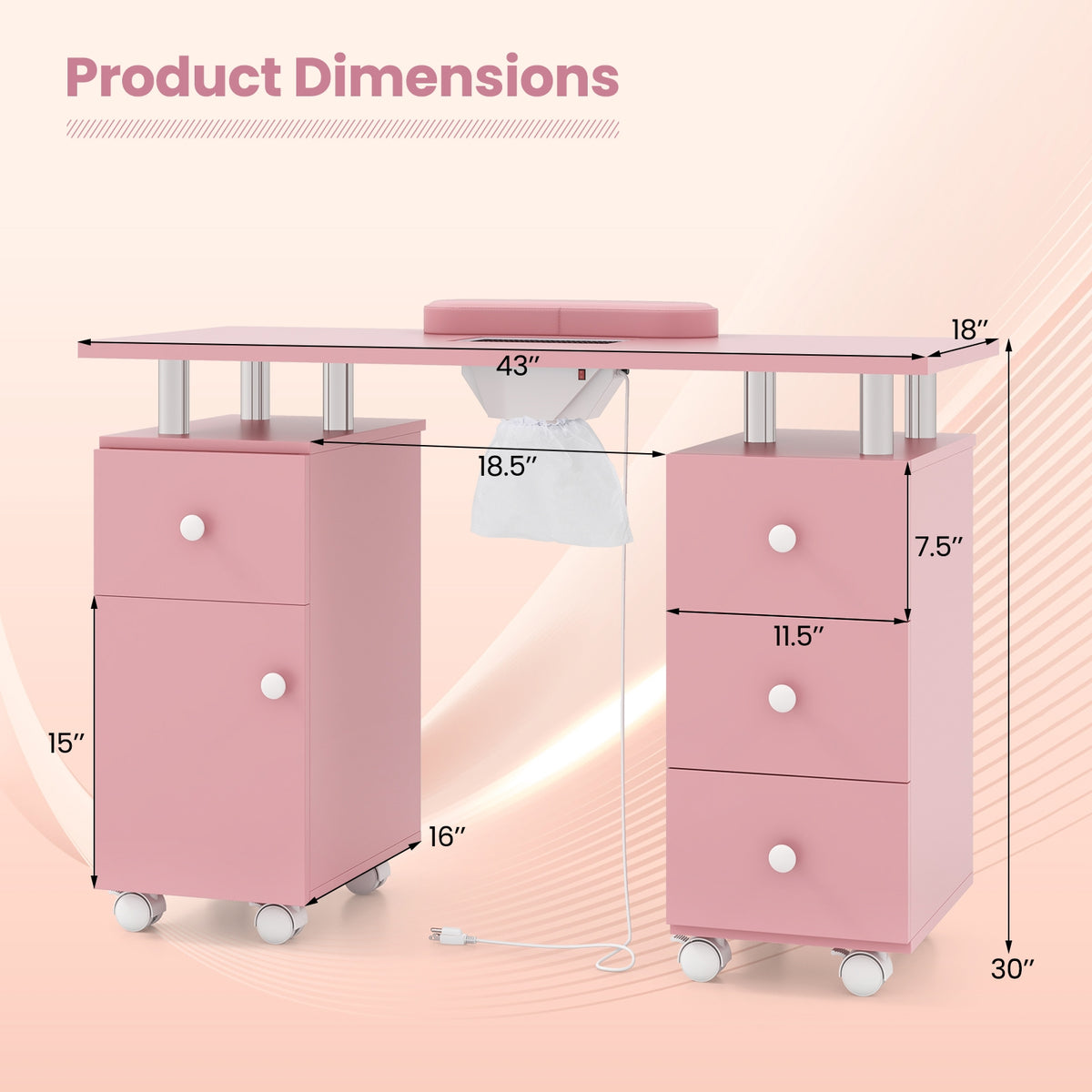 Manicure Table Nail Desk with Electric Dust Collector and 3 Dust Bags-Pink-Massage & Relaxation Products-DECOROLALA