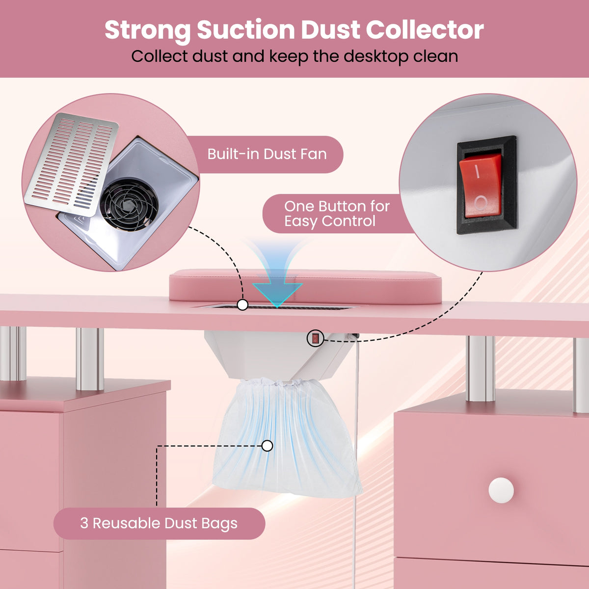 Manicure Table Nail Desk with Electric Dust Collector and 3 Dust Bags-Pink-Massage & Relaxation Products-DECOROLALA