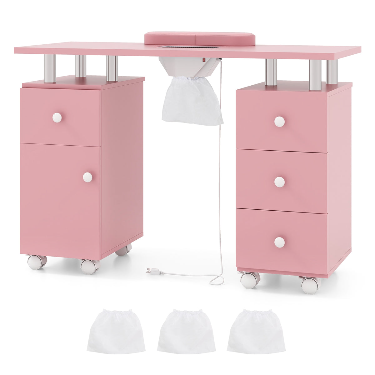 Manicure Table Nail Desk with Electric Dust Collector and 3 Dust Bags-Pink-Massage & Relaxation Products-DECOROLALA