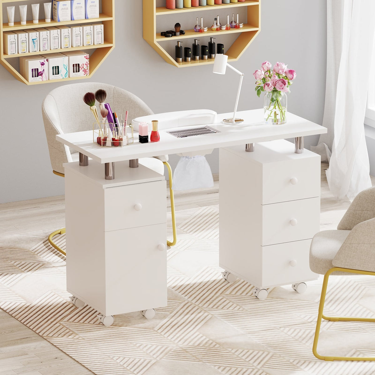 Manicure Table Nail Desk with Electric Dust Collector and 3 Dust Bags-White-Massage & Relaxation Products-DECOROLALA