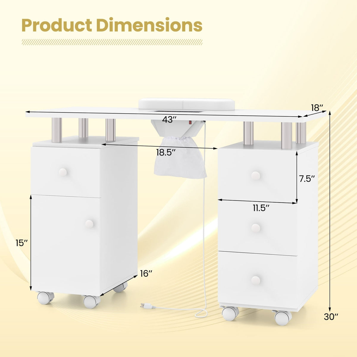 Manicure Table Nail Desk with Electric Dust Collector and 3 Dust Bags-White-Massage & Relaxation Products-DECOROLALA