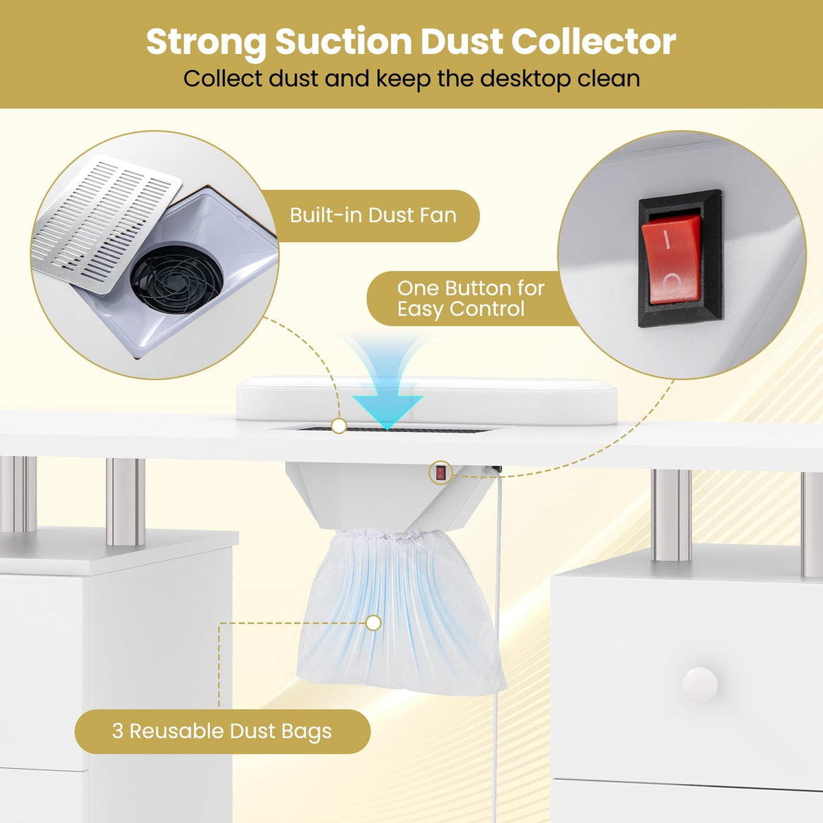 Manicure Table Nail Desk with Electric Dust Collector and 3 Dust Bags-White-Massage & Relaxation Products-DECOROLALA