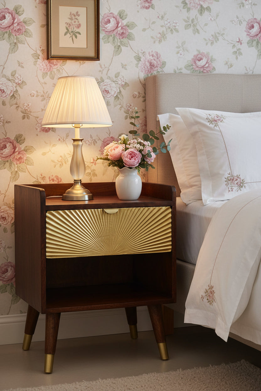 Manila Gold Nightstand - Chestnut Finish with Brass Drawer-Nightstand-DECOROLALA