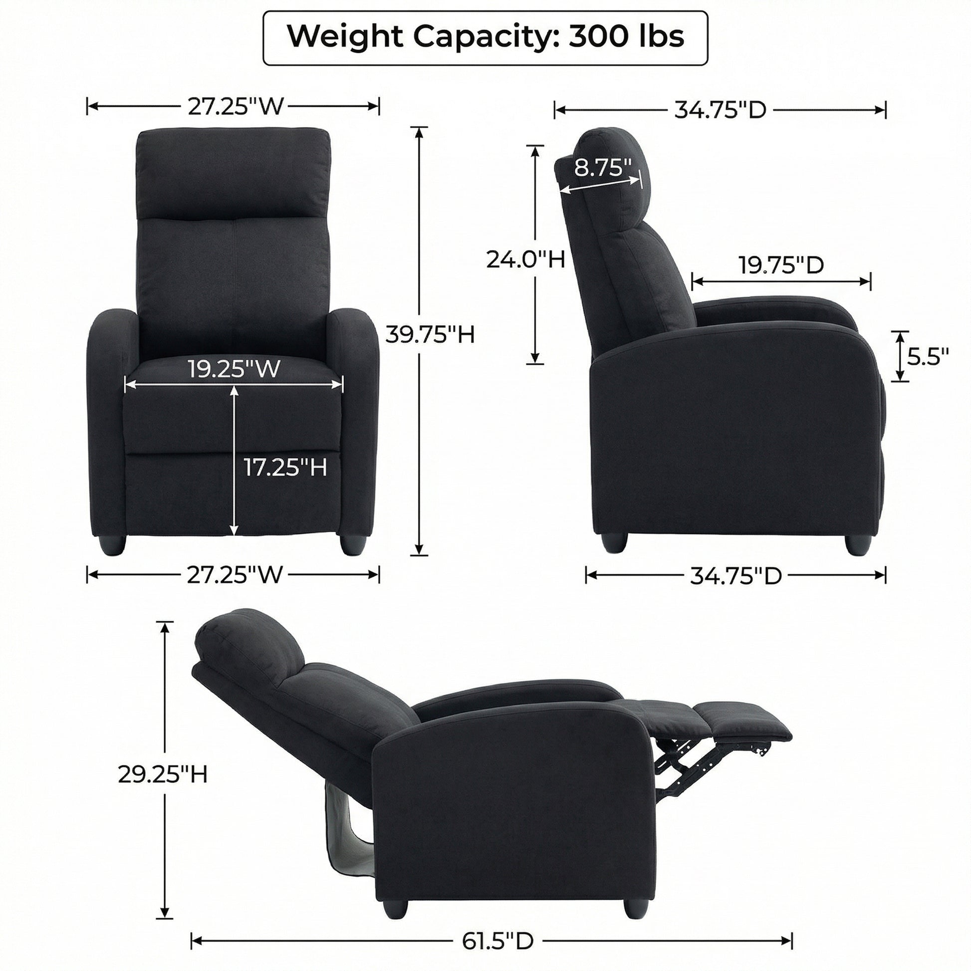 Manual Recliner Chair - Black Linen-DECOROLALA