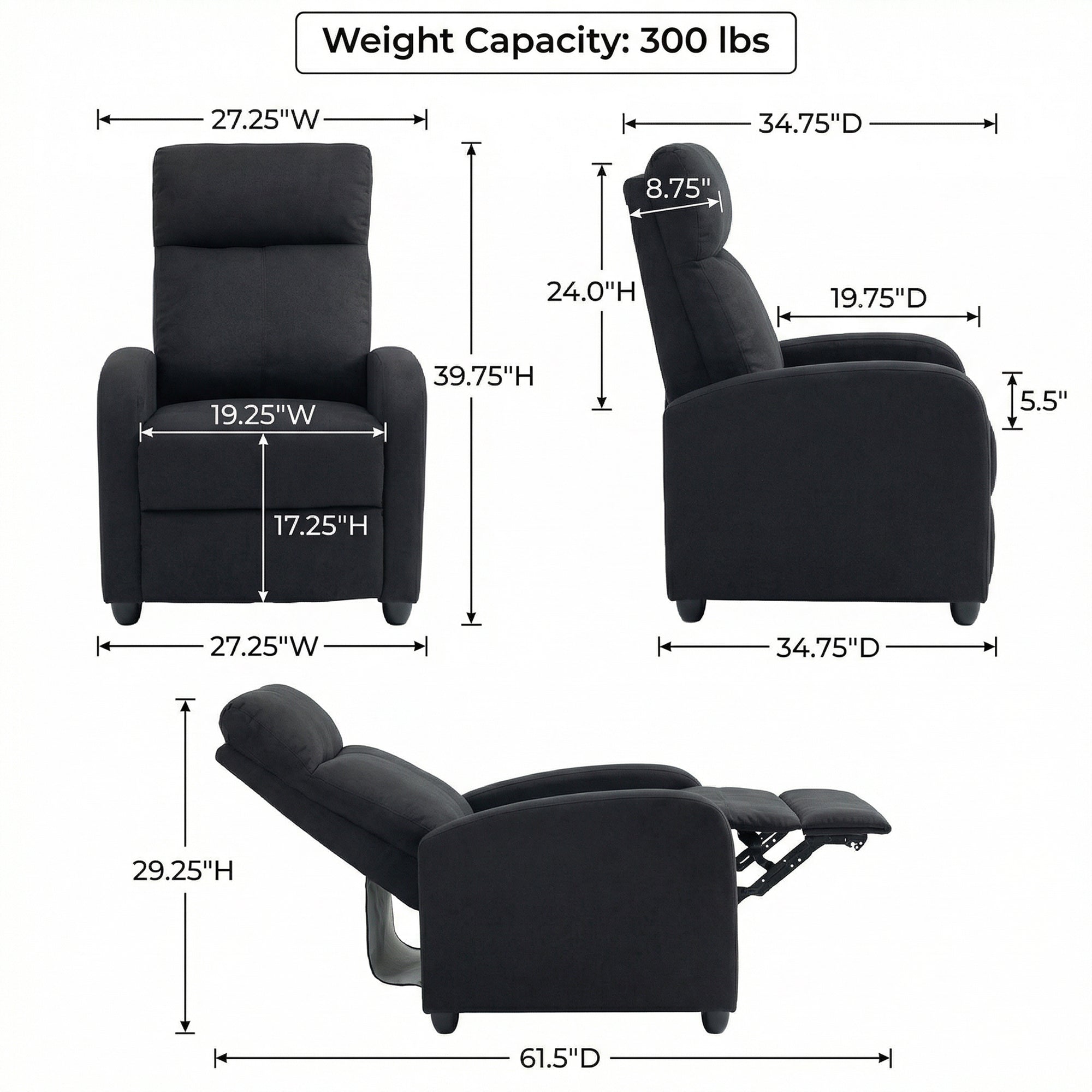 Manual Recliner Chair - Black Linen-DECOROLALA