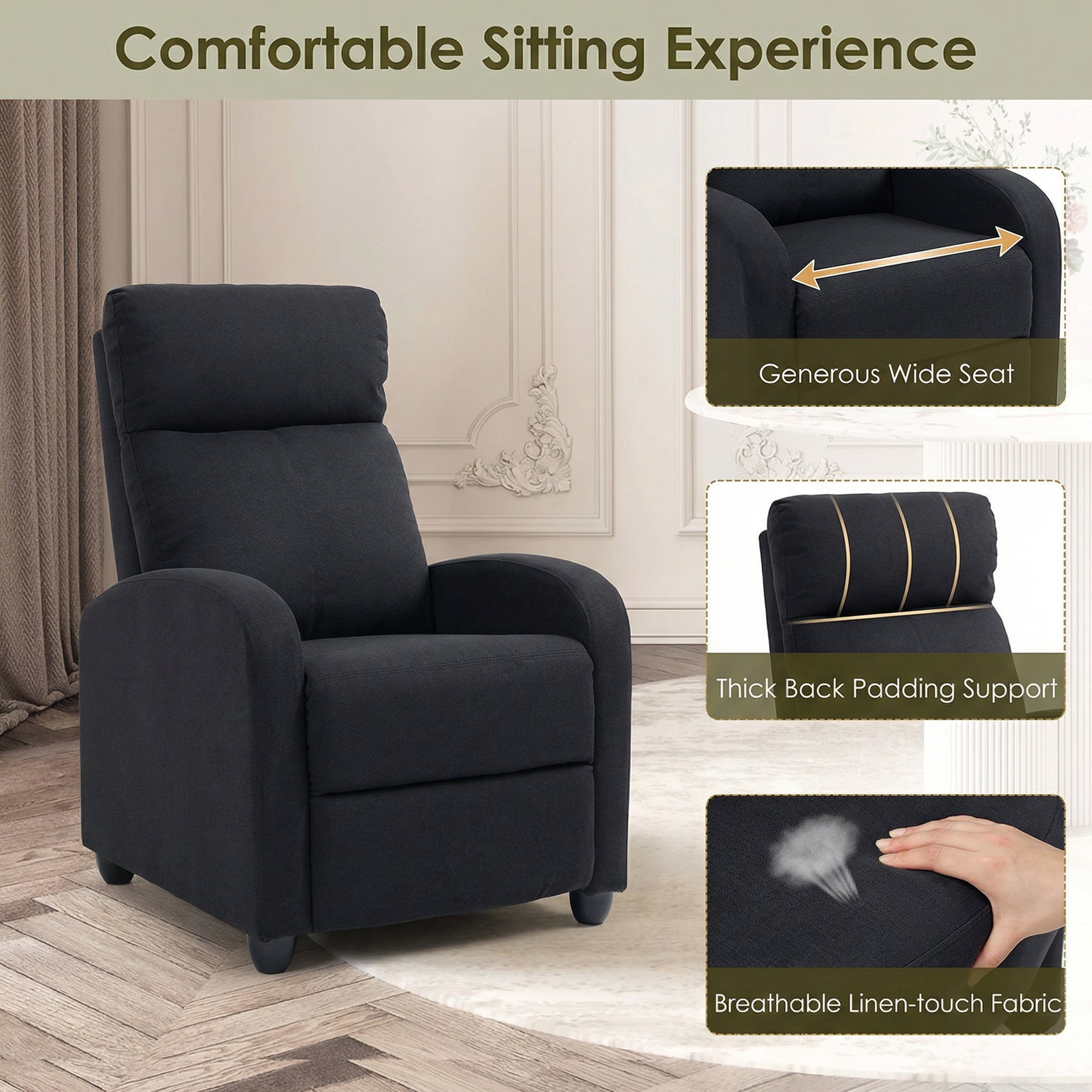 Manual Recliner Chair - Black Linen-DECOROLALA