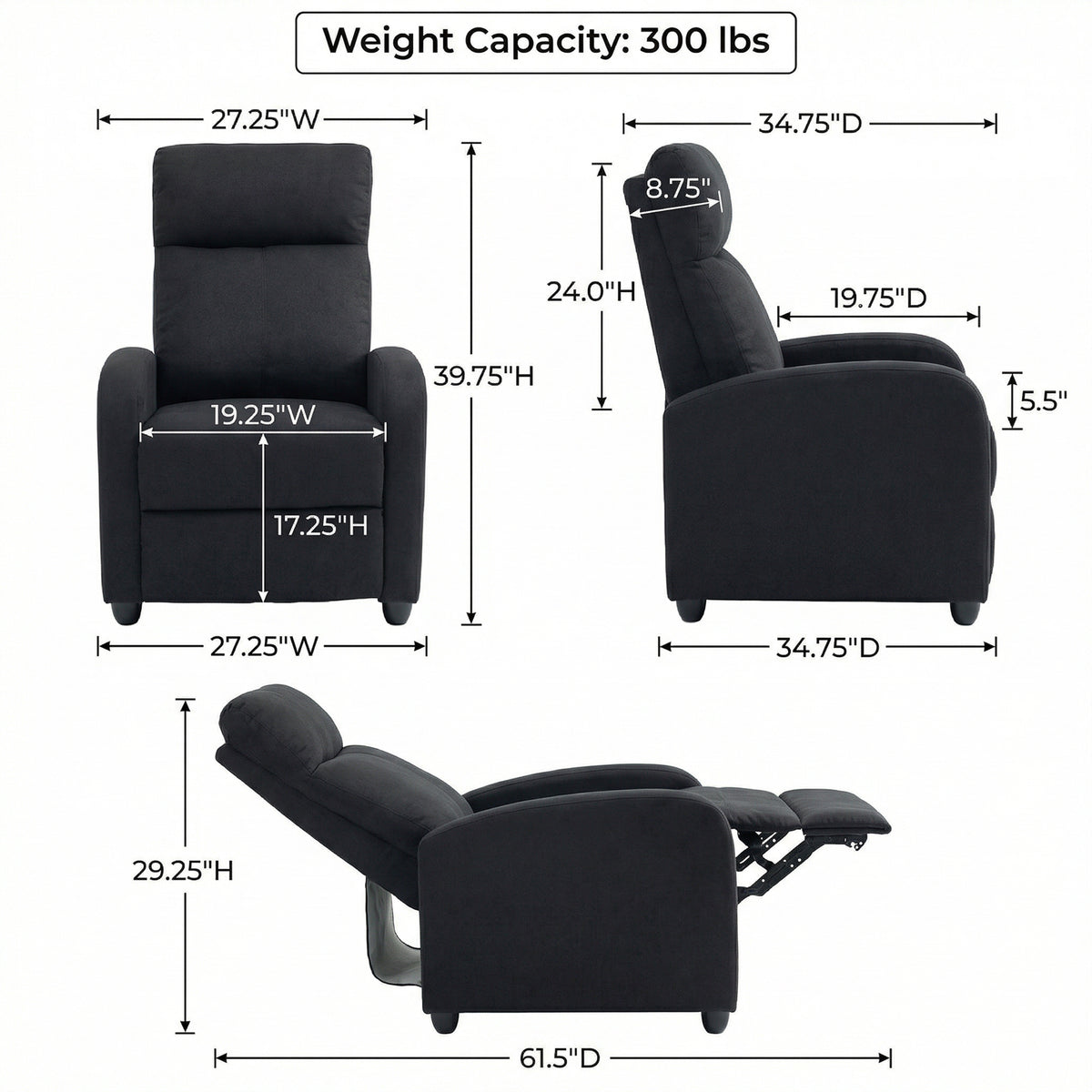 Manual Recliner Chair - Black Linen-DECOROLALA