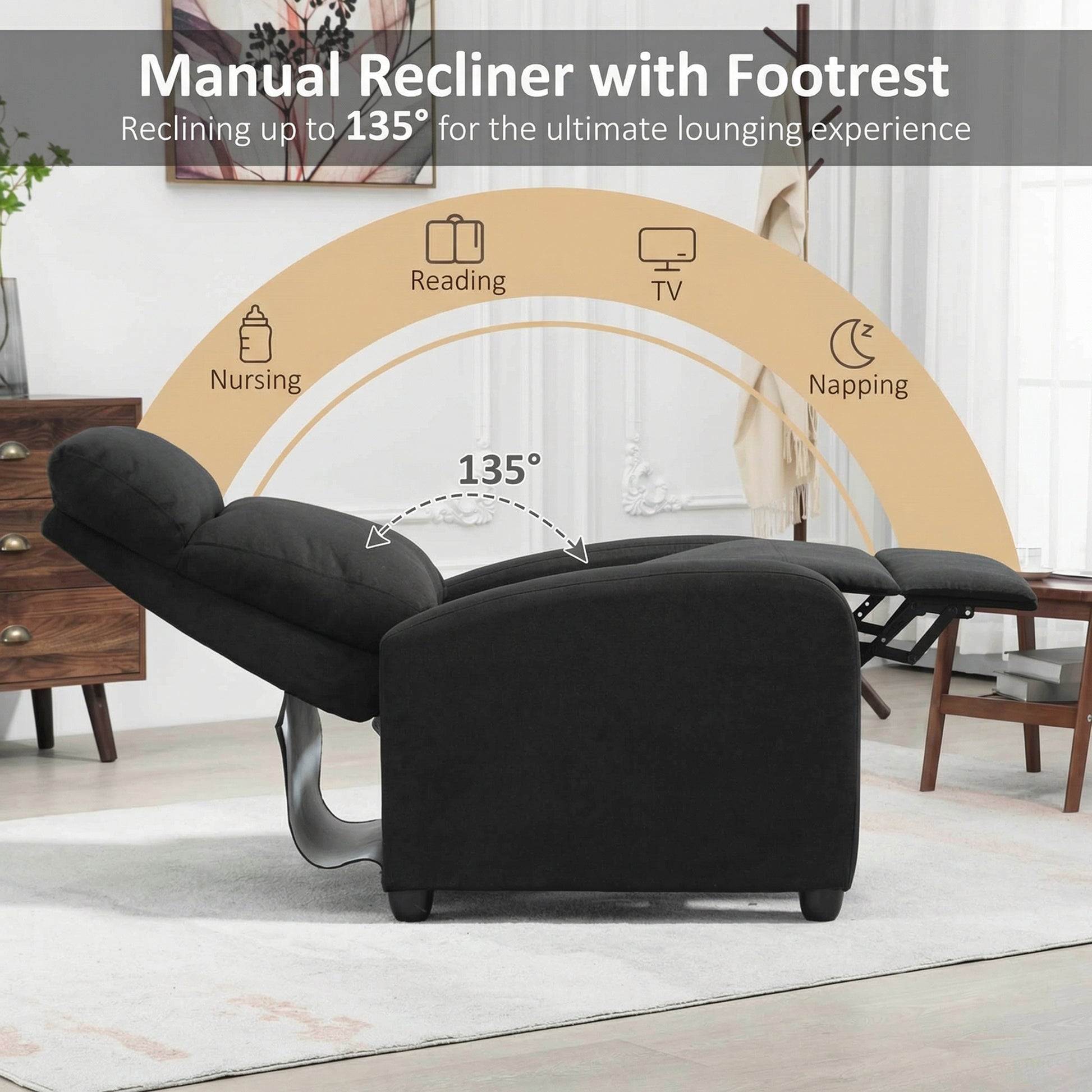 Manual Recliner Chair - Black Linen-DECOROLALA