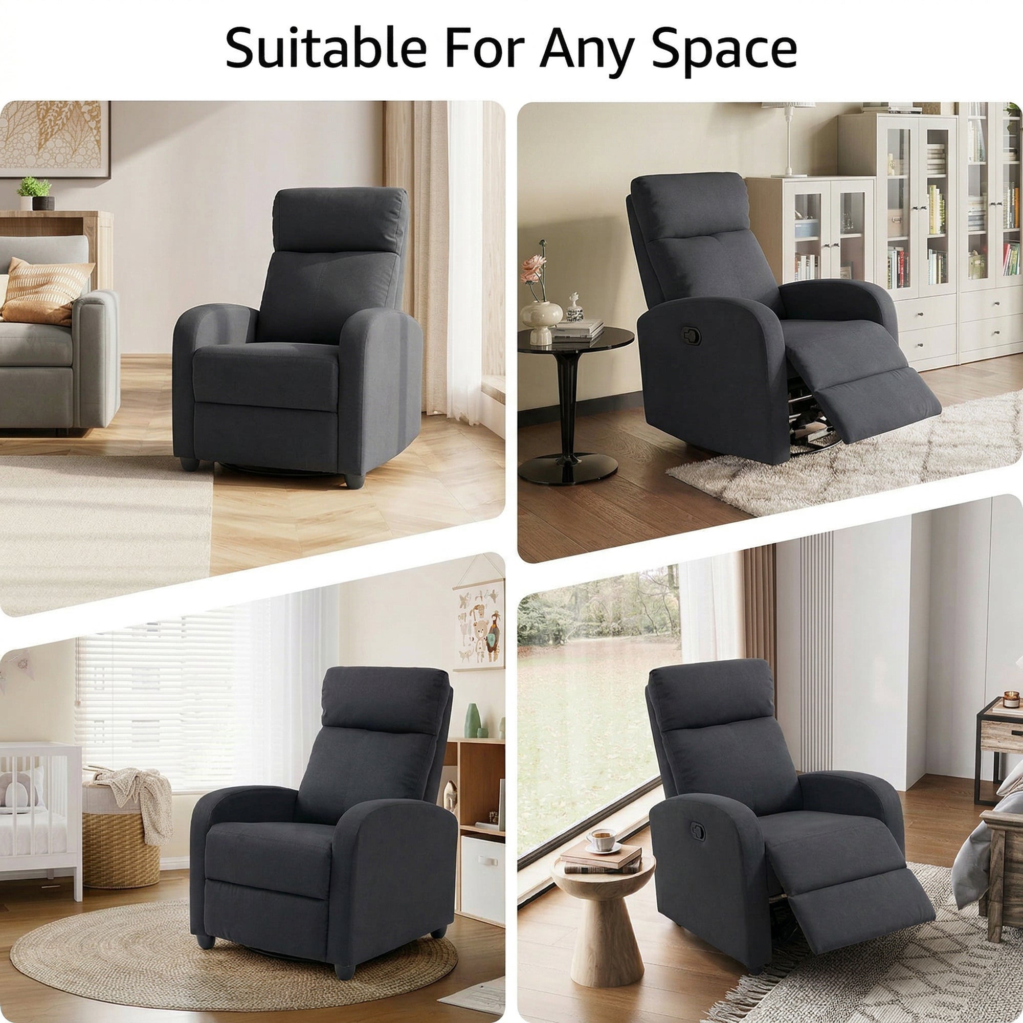 Manual Recliner Chair - Black Linen-DECOROLALA