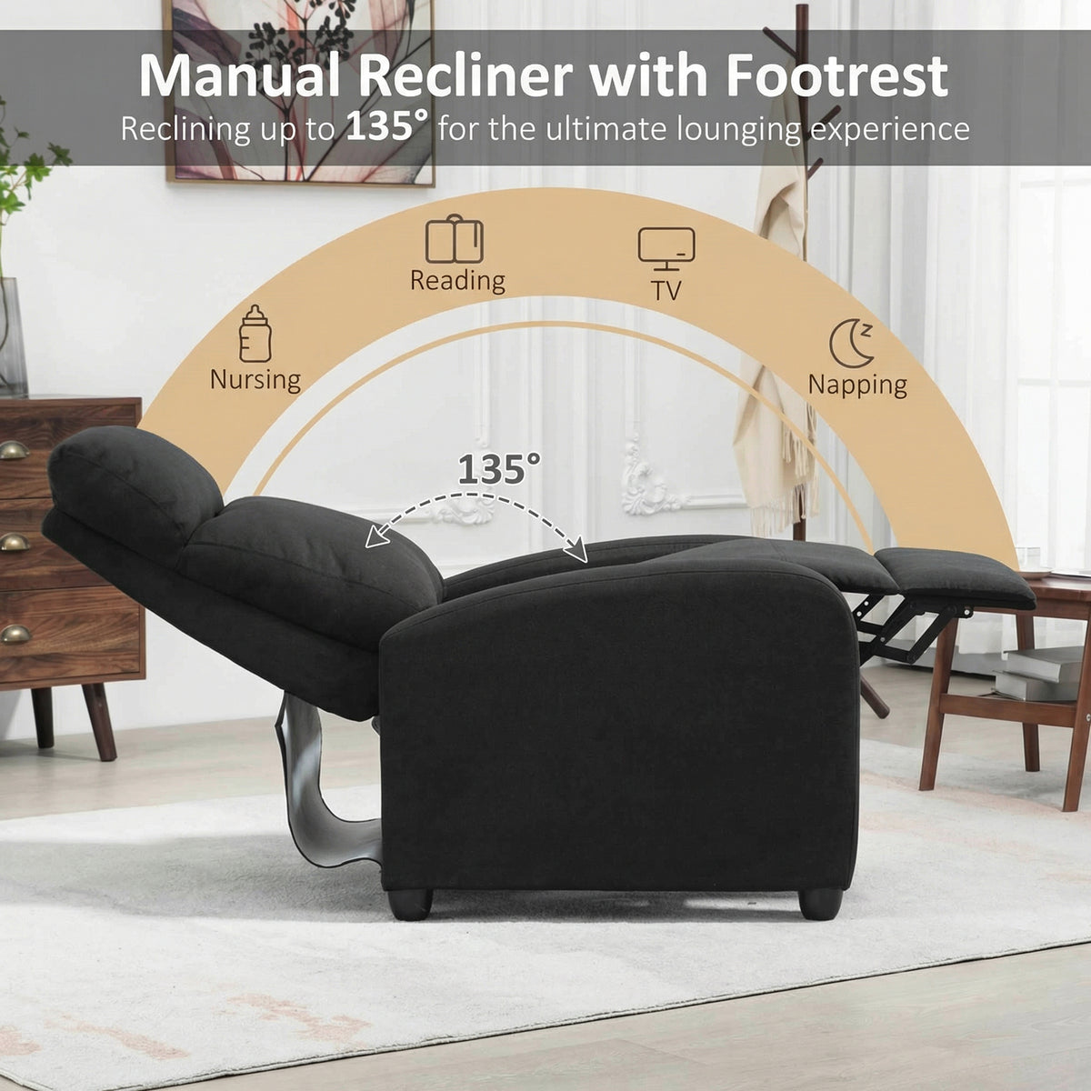 Manual Recliner Chair - Black Linen-DECOROLALA