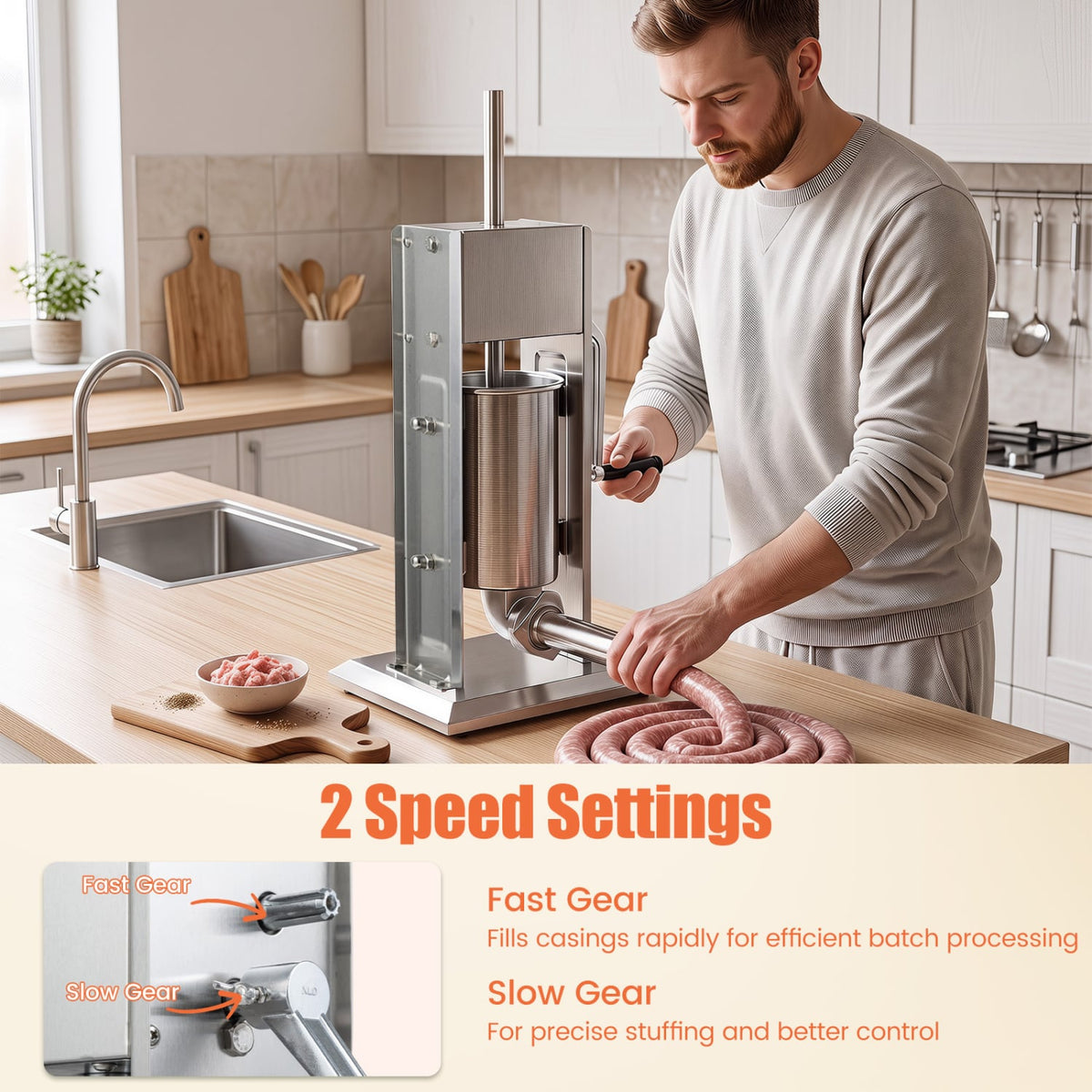 Manual Sausage Stuffer with 2 Speeds & 4 Stuffing Tubes for Commercial Home-3 L-Kitchen Tools & Utensils-DECOROLALA