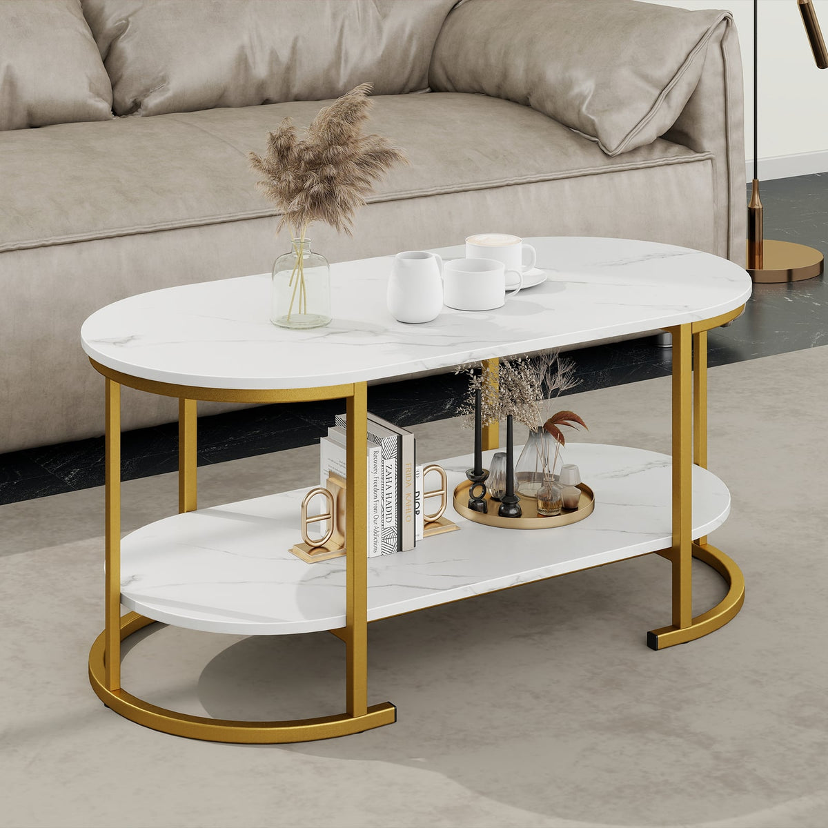 Marble Coffee Table with Open Storage Shelf-White-Coffee Tables-DECOROLALA